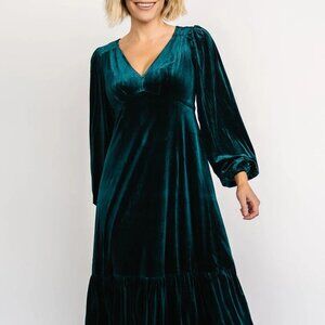 V-Neck Long Sleeve Midi Velvet Dress